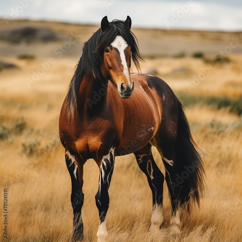 A beautiful brown horse with a long black mane and tail stands in a field of tall yellow grass photo