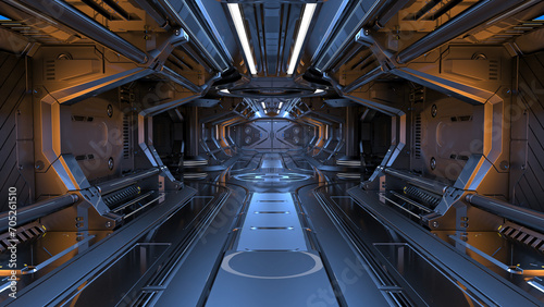 Sci-fi space corridor interior or dark mechanical tunnel with futuristic mechanisms, tubes and doors. 3d rendering