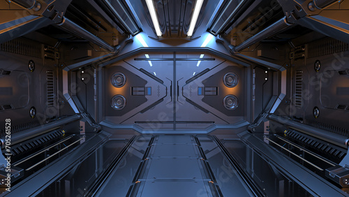 Fototapeta Naklejka Na Ścianę i Meble -  Sci-fi space corridor interior or dark mechanical tunnel with futuristic mechanisms, tubes and doors. 3d rendering