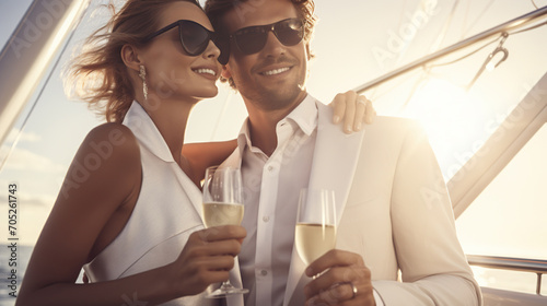 couple toasting with champagne on the yacht