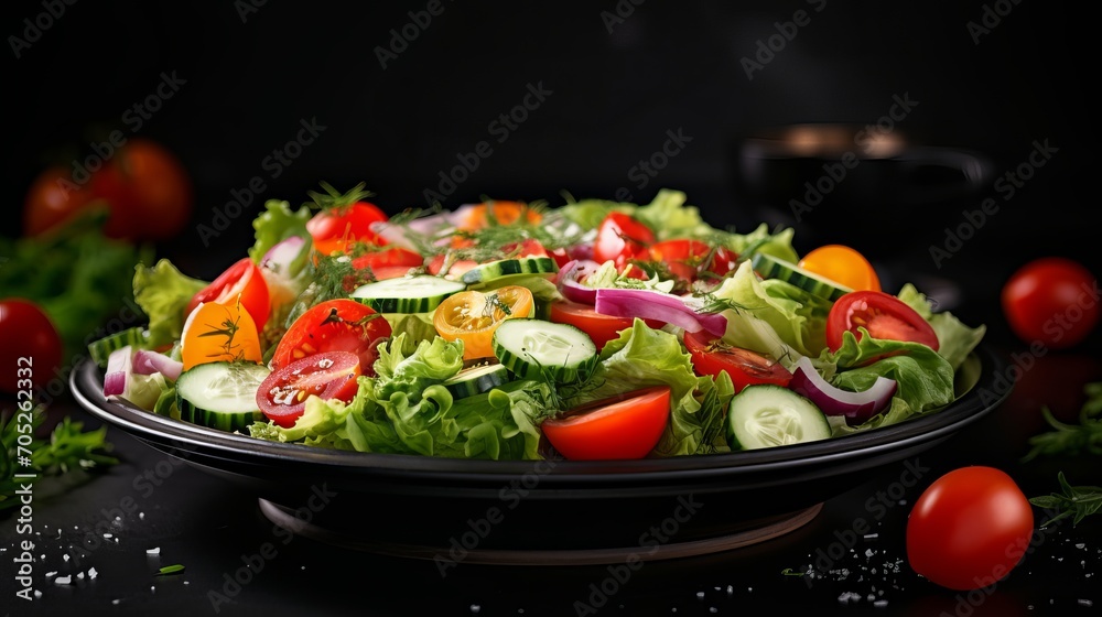 A close-up of a vegetable salad with fresh vegetables and greens on a dark background. the salad is a healthy, meat-filled, and ripe dish that is appropriate for holiday meals. A close-up of a vegetable salad with fresh vegetables and greens on a dark background. the salad is a healthy, meat-filled, and ripe dish that is appropriate for holiday meals.