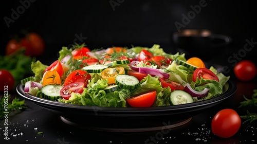 A close-up of a vegetable salad with fresh vegetables and greens on a dark background. the salad is a healthy, meat-filled, and ripe dish that is appropriate for holiday meals.