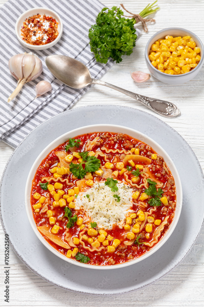 lasagna soup with ground beef, corn, tomato paste lasagna soup with ground beef, corn, tomato paste