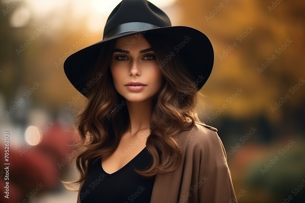 young and pretty woman with a very elegant hat posing in front of the camera young and pretty woman with a very elegant hat posing in front of the camera