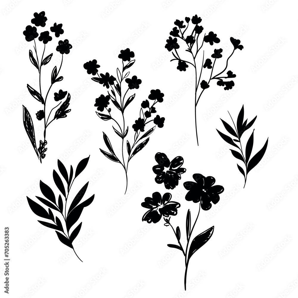 Hand Drawn Flower isolated white background design elements ink Vector illustration - obrazy, fototapety, plakaty 