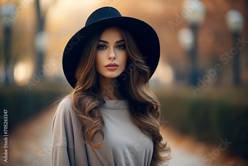 young and pretty woman with a very elegant hat posing in front of the camera