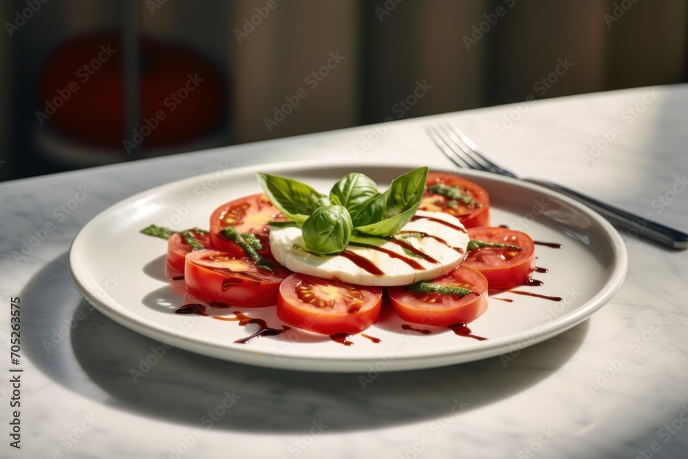 Caprese Salad. fresh tomatoes, mozzarella cheese. white plate Caprese Salad. fresh tomatoes, mozzarella cheese. white plate
