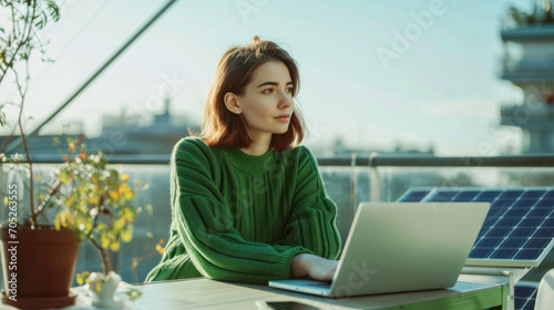 Young woman with a laptop at a table works on the roof near solar panels. Beautiful woman in a green sweater works outdoors. Concept of remote work, alternative energy. Lifestyle. photo