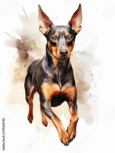 Sitting Doberman Pinscher in Watercolor Style on White Background AI Generated