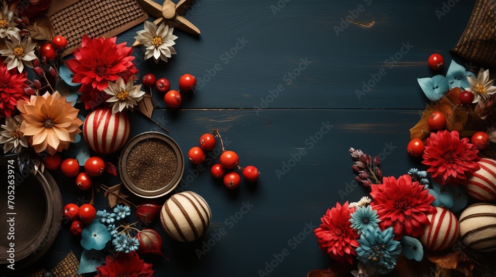 Red and blue flowers on a dark blue wooden background