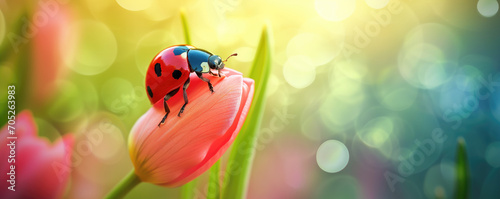 Red ladybug on spring flower