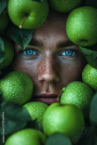 A person with blue eyes surrounded by green apples photo