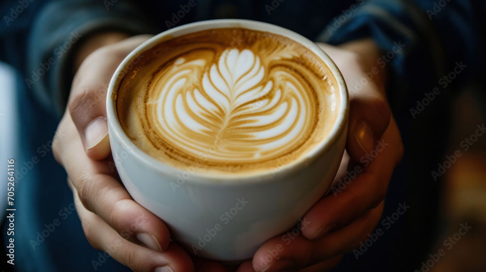 Close-up of a man making latte art in a cup of coffee. Male hands holding a cup of coffee with latte art. Drinks concept. Close-up of a man making latte art in a cup of coffee. Male hands holding a cup of coffee with latte art. Drinks concept.