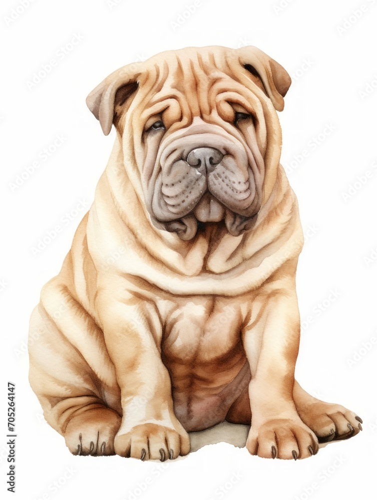 Sitting Shar Pei with Wrinkled Skin in Watercolor AI Generated