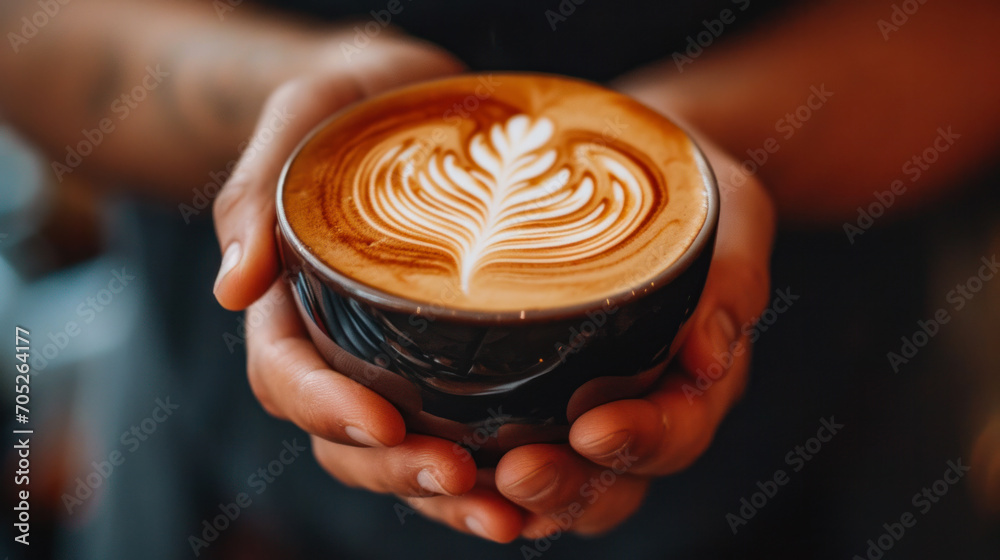 Close-up of a man making latte art in a cup of coffee. Male hands holding a cup of coffee with latte art. Drinks concept. - obrazy, fototapety, plakaty 