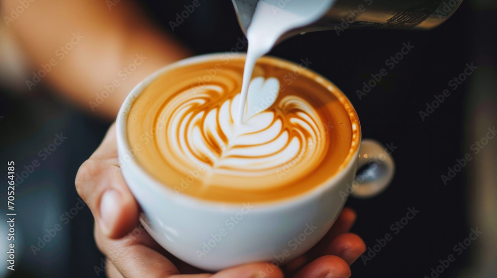 Close-up of a man making latte art in a cup of coffee. Male hands holding a cup of coffee with latte art. Drinks concept. Close-up of a man making latte art in a cup of coffee. Male hands holding a cup of coffee with latte art. Drinks concept.