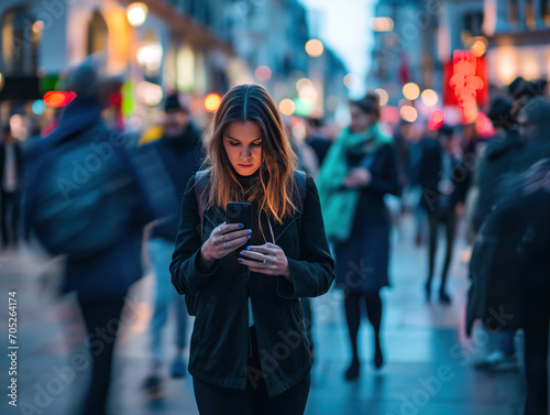 Blurred figures, including a stylish woman with a beard and long hair, are seen using smartphones. She effortlessly multitasks, browsing the internet while on a phone call and walking on the street © aka_artiom