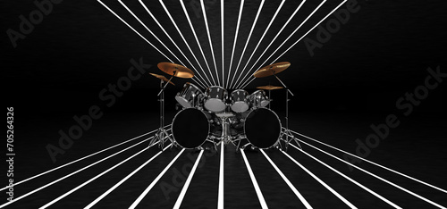 A cool drum kit stands in a dark space with glowing stripes on the floor and ceiling. 3D Render.