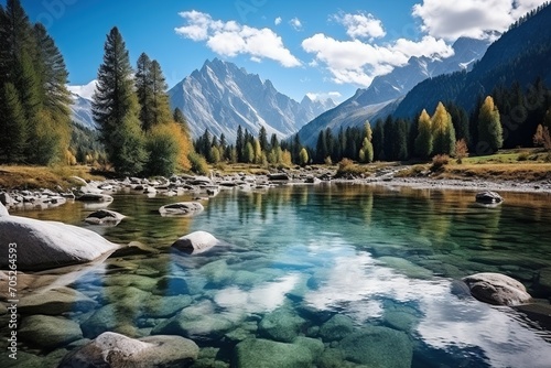 Stunning mountain river landscape with crystal clear water and lush greenery