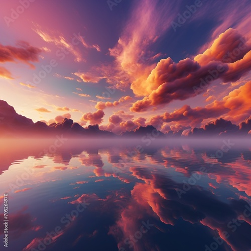 Colorful cloudscape over calm lake at sunset
