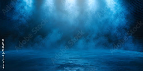 Dark street, wet asphalt, reflections of rays in the water. Abstract dark blue background, smoke photo