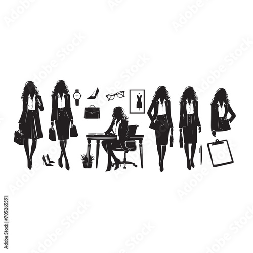 silhouettes of people women. office work. silhouette of a girl in an office suit. set of silhouettes of a girl in a suit. office .