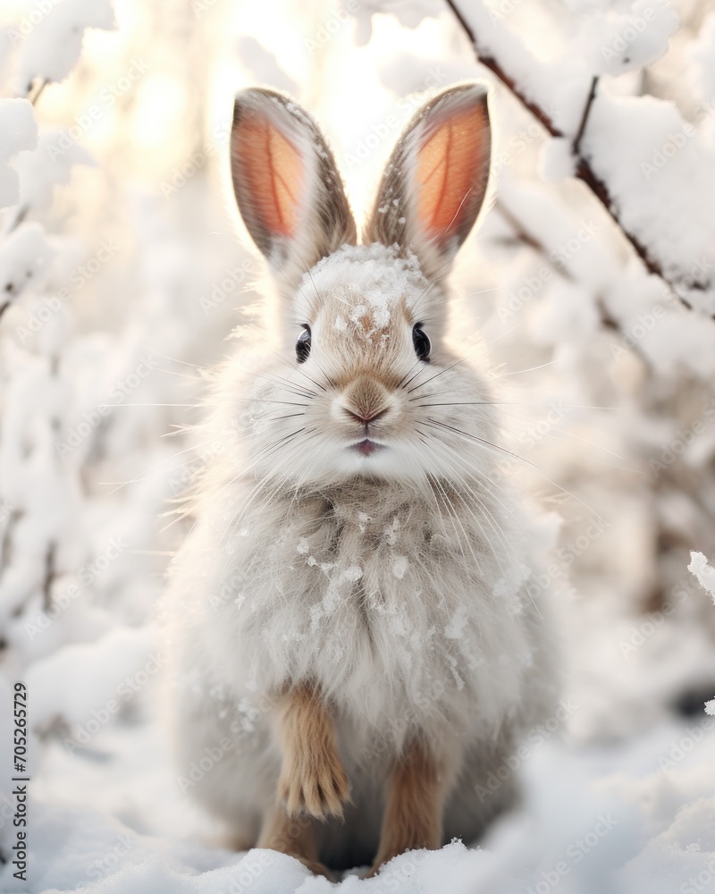 Adorable small hare in white camouflage fur coat on background of snowy landscape in forest Adorable small hare in white camouflage fur coat on background of snowy landscape in forest