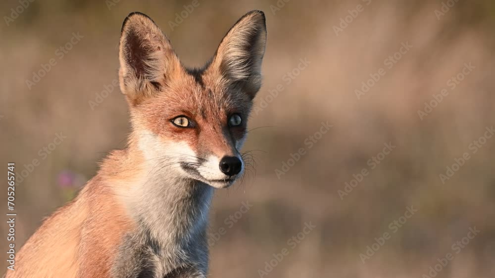 Red fox Vulpes vulpes. Portrait red fox on a beautiful background in the wild. The fox looks around. Slow motion. Red fox Vulpes vulpes. Portrait red fox on a beautiful background in the wild. The fox looks around. Slow motion.