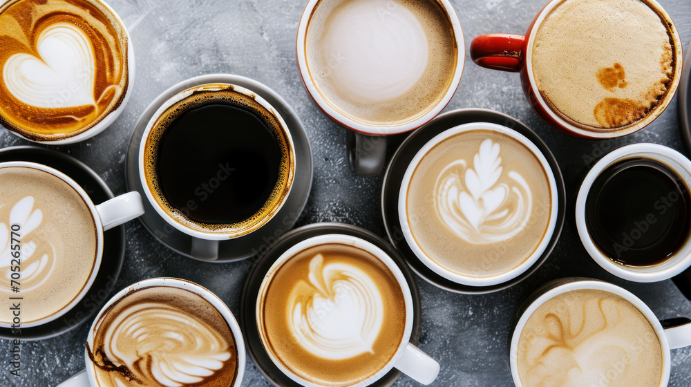 Top view of assorted coffee cups on gray background. Coffee drinks. Top view of assorted coffee cups on gray background. Coffee drinks.