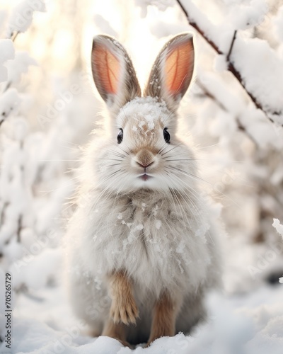 Adorable small hare in white camouflage fur coat on background of snowy landscape in forest