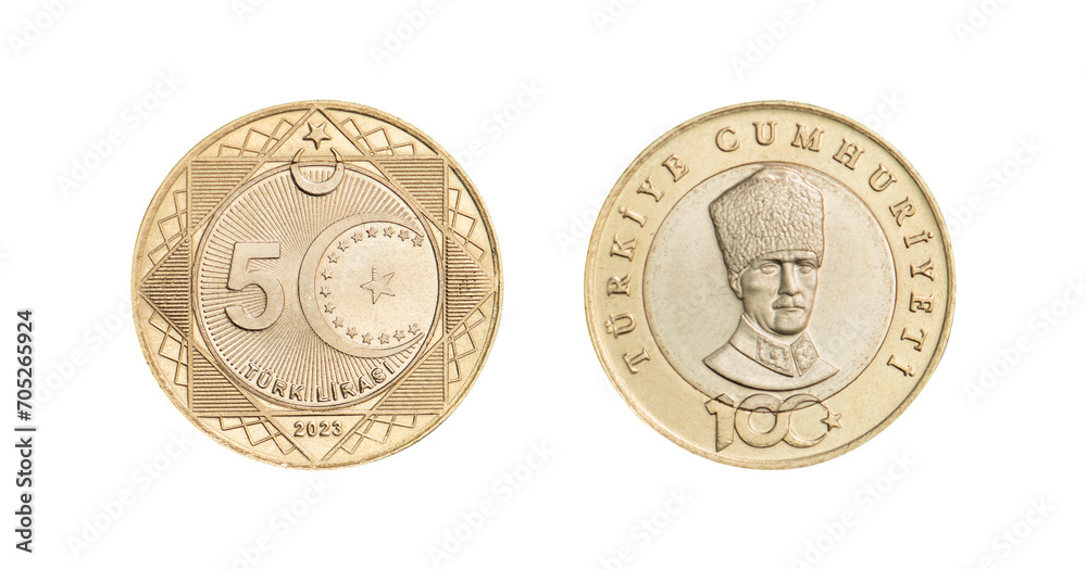 5 Turkish Lira (5 TL). Turkish Lira coin isolated on white background. Coın of Turkey. - obrazy, fototapety, plakaty 