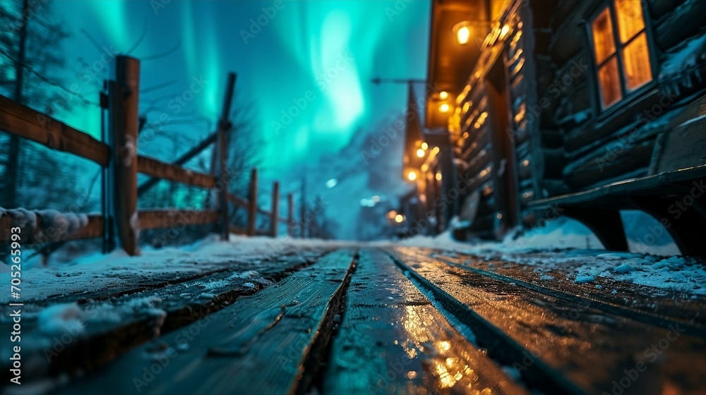 Naklejka premium Aurora borealis wooden surface.