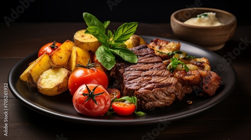 Meat that has been fried with potatoes and tomatoes.