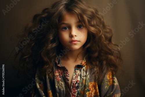 portrait of a beautiful little girl with curly hair on a dark background