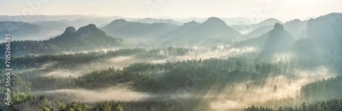 Morning fog over the Elbe Sandstone Mountains in Saxon Switzerland, Saxony, Germany photo