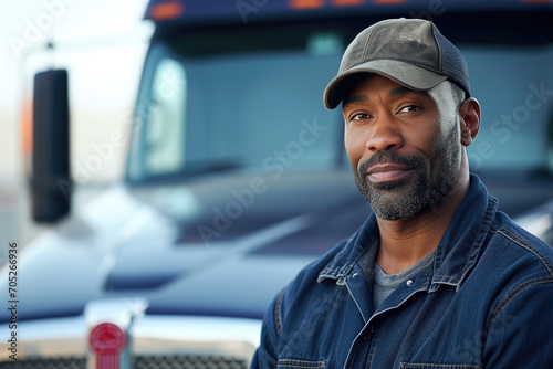 Truck driver with his truck in background