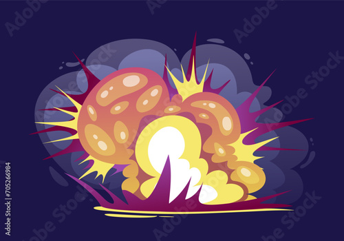Alien weapon laser beam. Exploding bomb or fireball. Shot from space blaster or Raygun. Energy futuristic attack ball. Blast effect. Cartoon flat vector illustration isolated on dark background
