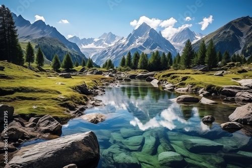 Stunning mountain landscape with crystal clear river and lush green meadows © duyina1990