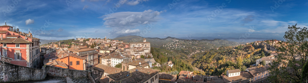 A panorama view at Porta Sole overlooking a valley in Perugia, Umbrian, Italy.