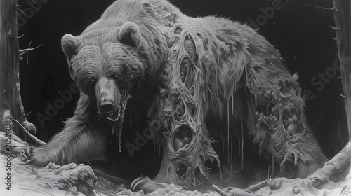 Terrifying Undead Grizzly Bear in a Creepy Dark Ominous Forest. Zombie Grizzly Bear Painting. Zombie Animal Background/Wallpaper