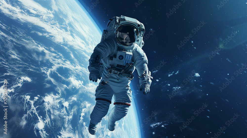Astronaut's spacesuit shines like in boundless sea of stars against Earth's surface