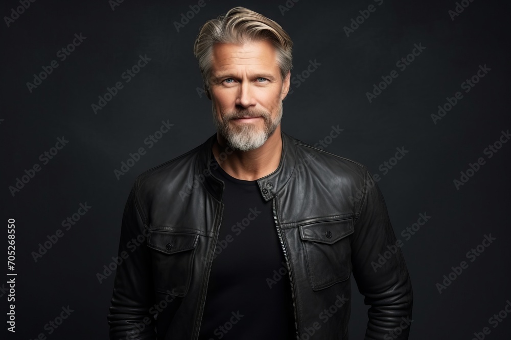 Portrait of a handsome mature man in leather jacket. Men's beauty, fashion. Portrait of a handsome mature man in leather jacket. Men's beauty, fashion.