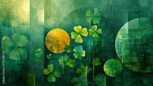 Create an abstract depiction of St. Patrick's Day, with various shades of green, interspersed with symbols like clovers and gold coins photo