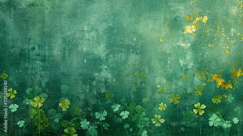 Create an abstract depiction of St. Patrick's Day, with various shades of green, interspersed with symbols like clovers and gold coins photo