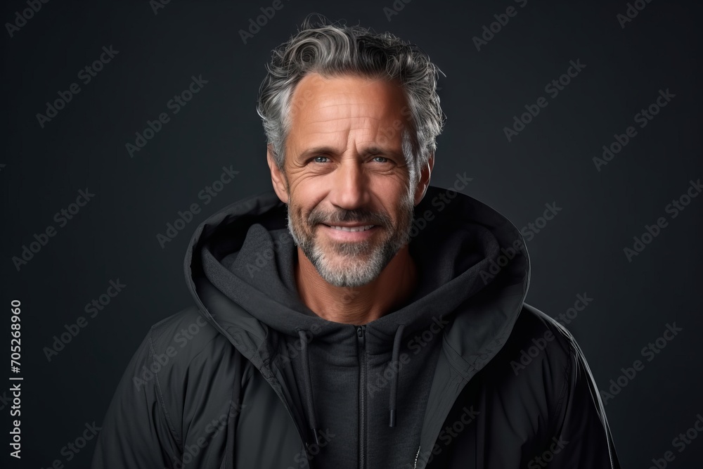 Portrait of a handsome middle-aged man wearing a hooded jacket and looking at the camera.