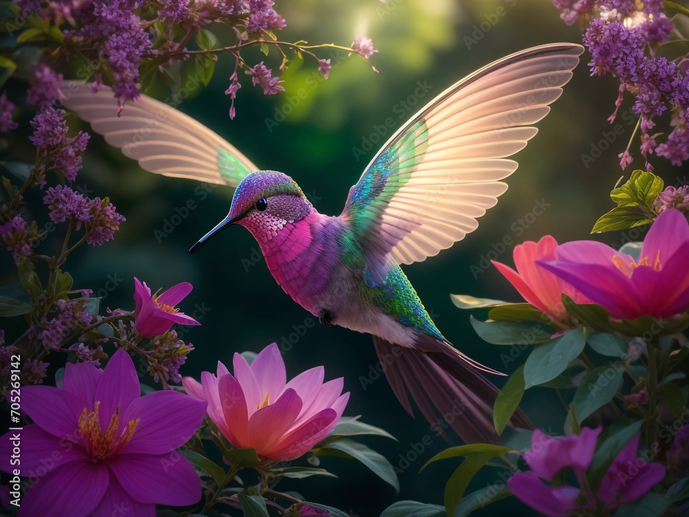 Obraz premium Enchanting hummingbird in a radiant garden, its delicate wings aglow amid blooming flowers—a magical dance of light.