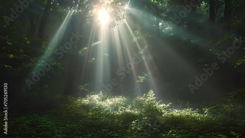 Sun rays moving trough beautiful green spring forest. Beautiful summer morning in the forest. Sun rays break through the foliage of magnificent green tree. Magical summer forest Magical landscape. Gol photo