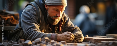 man is carving stone photo