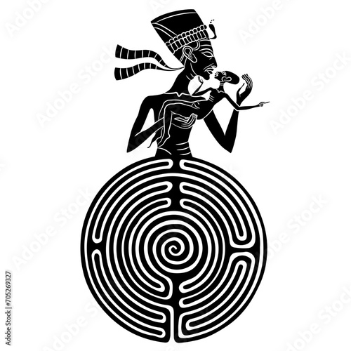 Pharaoh Akhenaton or queen Nefertiti emerging from a round spiral maze or labyrinth symbol and holding a baby. Mystery of ancient Egyptian culture. Black and white silhouette. Creative concept. 