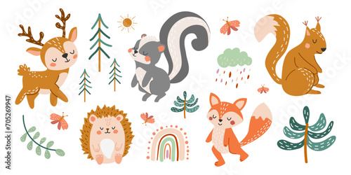 Set of cute forest animals. Vector illustration in hand drawn style. Deer  squirrel  skunk  hedgehog  fox  trees  Christmas trees in flat style. Children s background  banner  poster. 